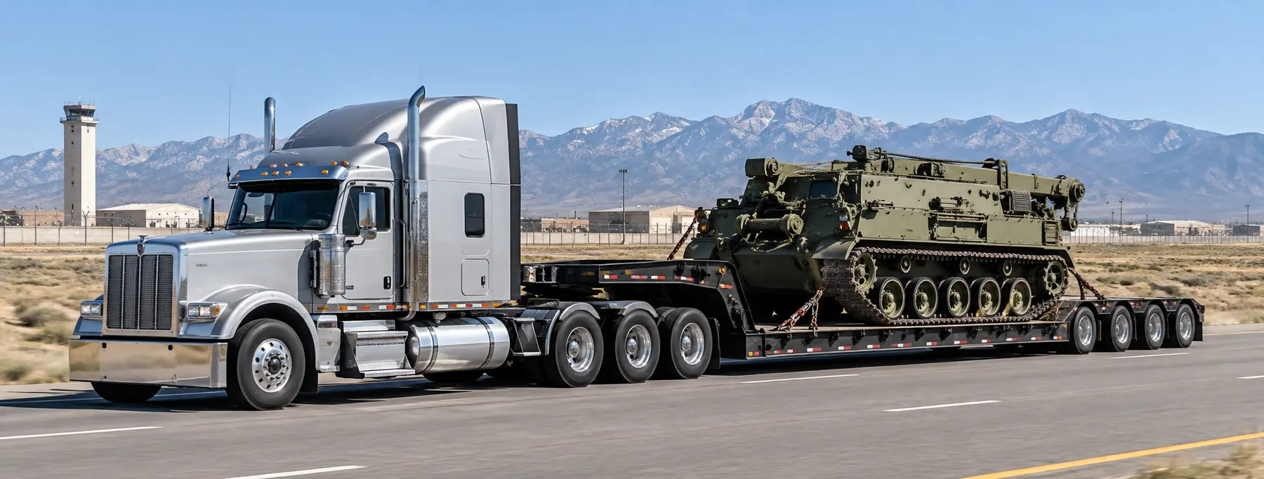 Civilian heavy-haul tractor transporting military armored recovery equipment on a commercial lowboy trailer